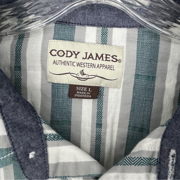 Cody James Authentic Western Apparel Pearl Snap Long Sleeve Green Gray Large - Picture 2 of 8